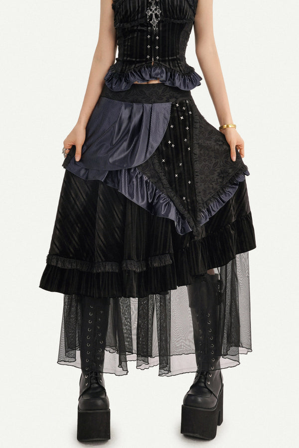 Dark Style Irregular Multi-Layered Splicing Skirt Set-Up