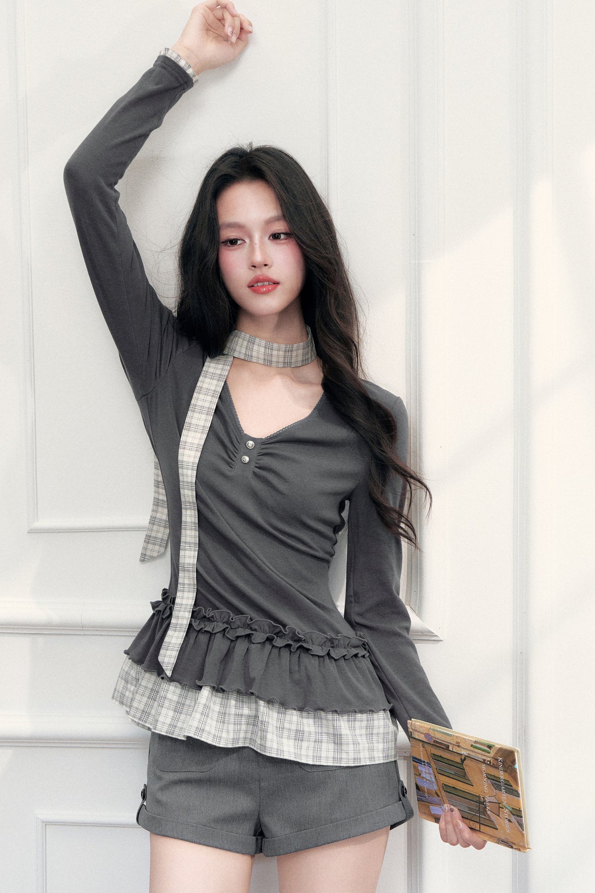Plaid V-Neck Top and Shorts Set-Up