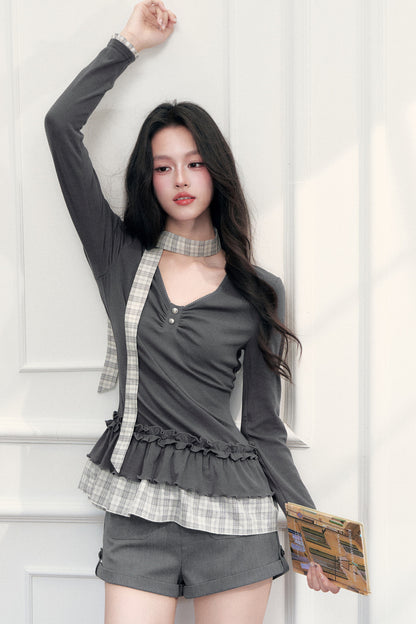 Plaid V-Neck Top and Shorts Set-Up