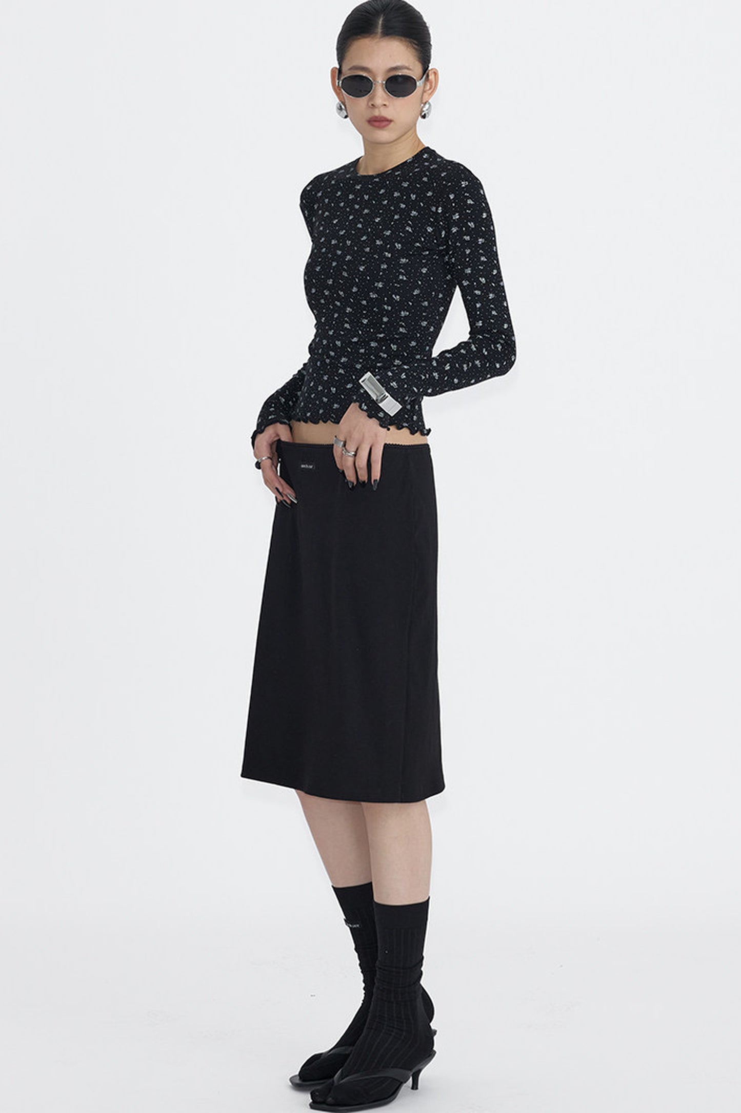 Lace Trim Knit Midi Skirt