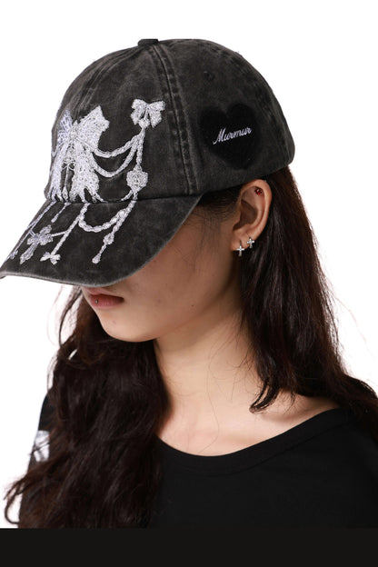 Lace Detachable Bow Washed Baseball Cap