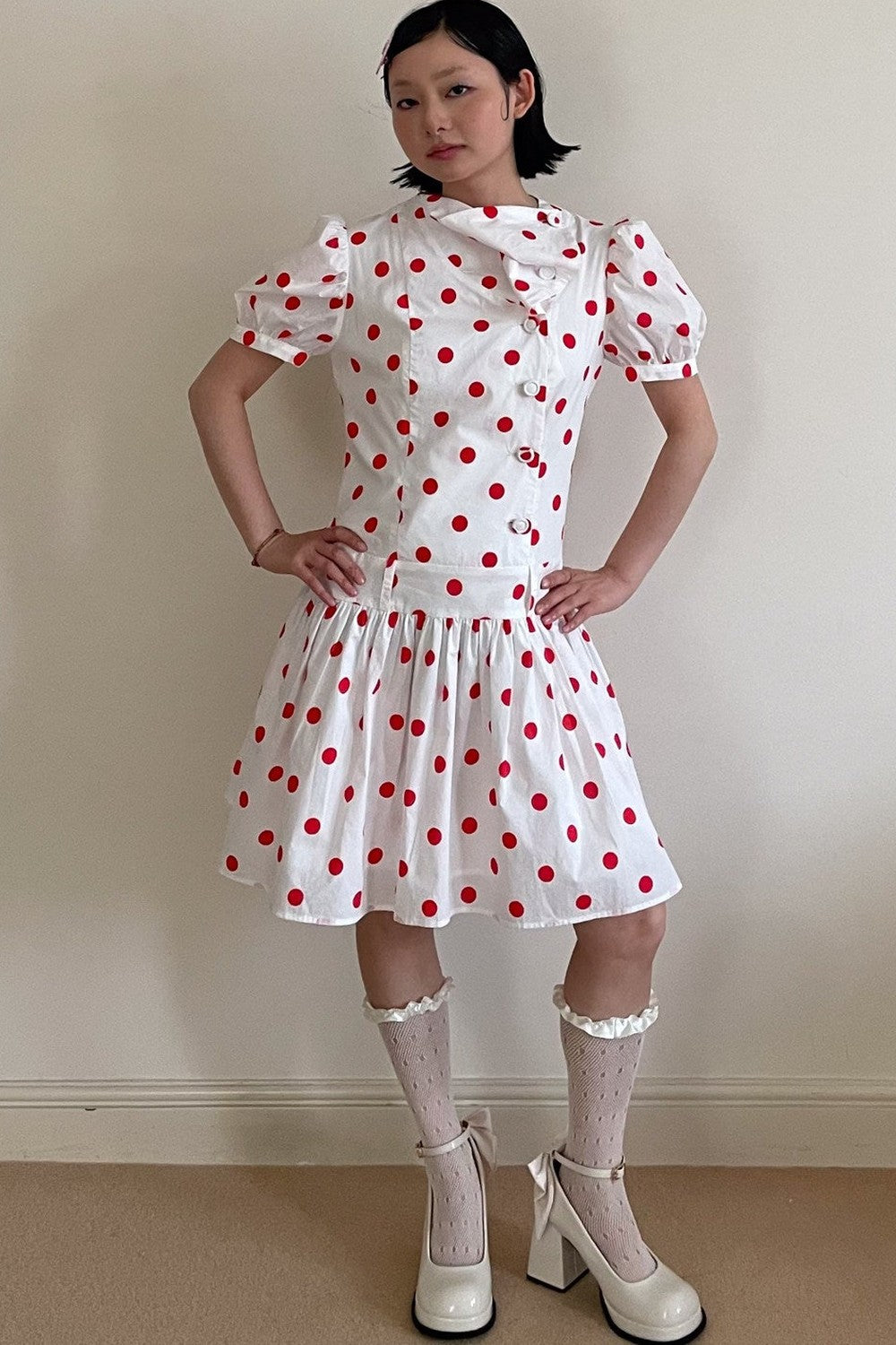 Red Retro Polka Dot Bubble Sleeve Dress
