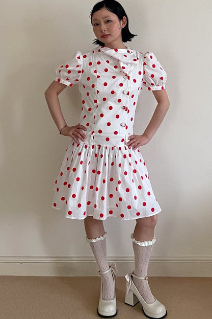 Red Retro Polka Dot Bubble Sleeve Dress