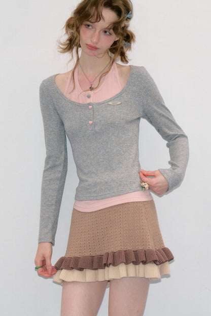 Layered-Look Long Sleeve Knit Top