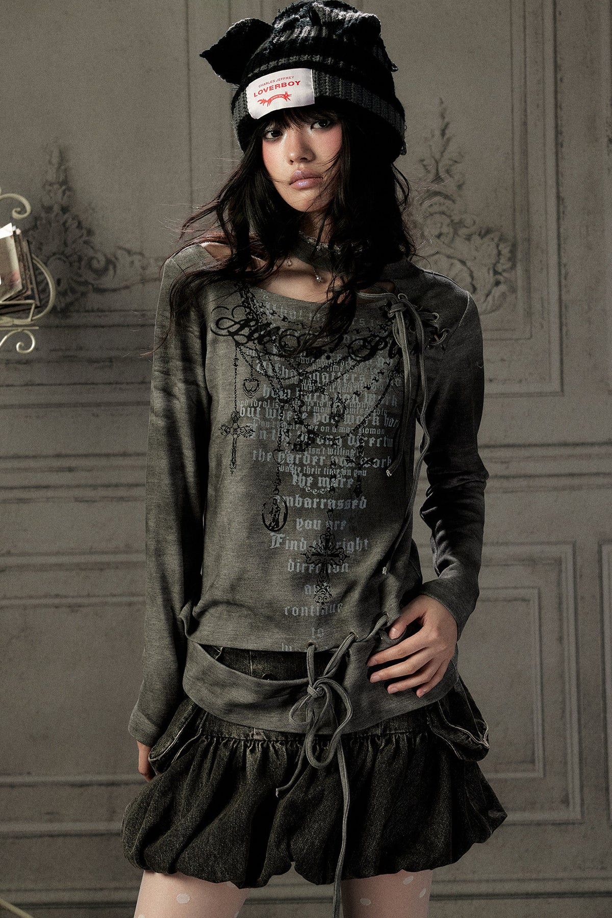 Letter Print Layered-Look Off-Shoulder Long-Sleeve T-shirt