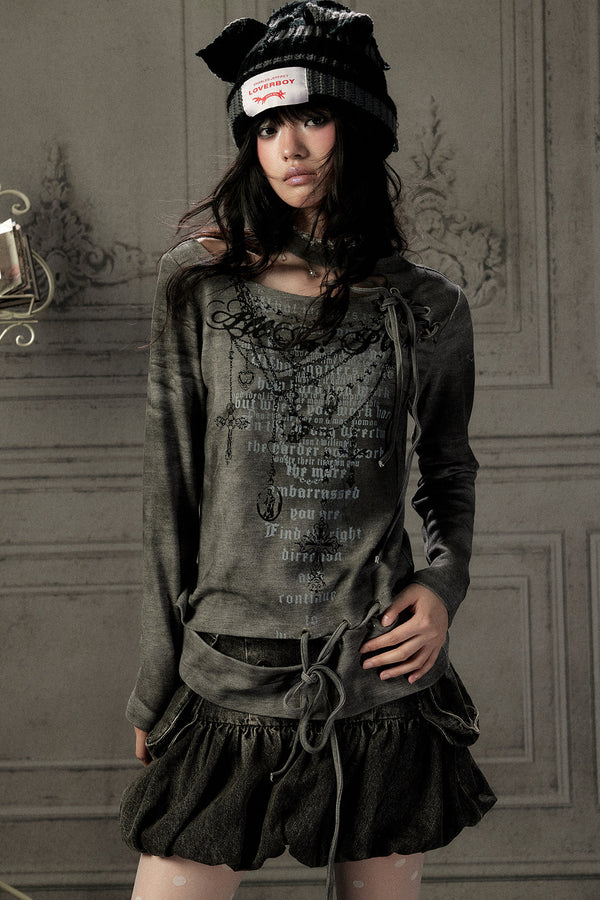 Letter Print Layered-Look Off-Shoulder Long-Sleeve T-shirt