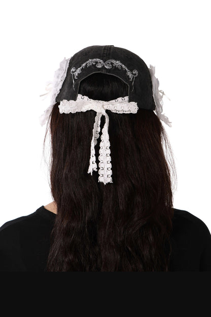 Lace Detachable Bow Washed Baseball Cap