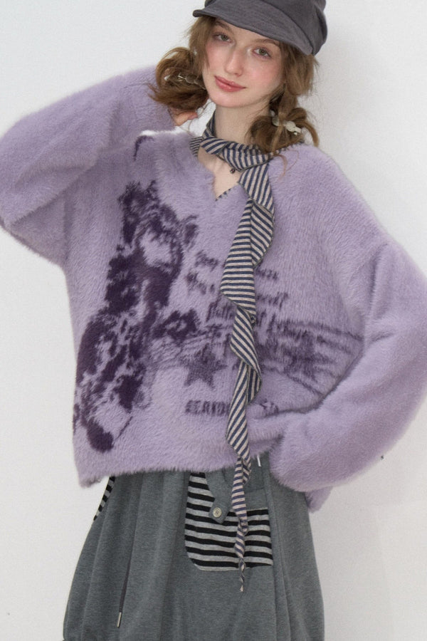 Purple Cat Pattern V-Neck Sweater