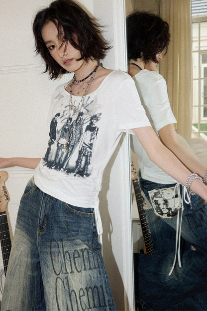 Portrait Print Drawstring Top