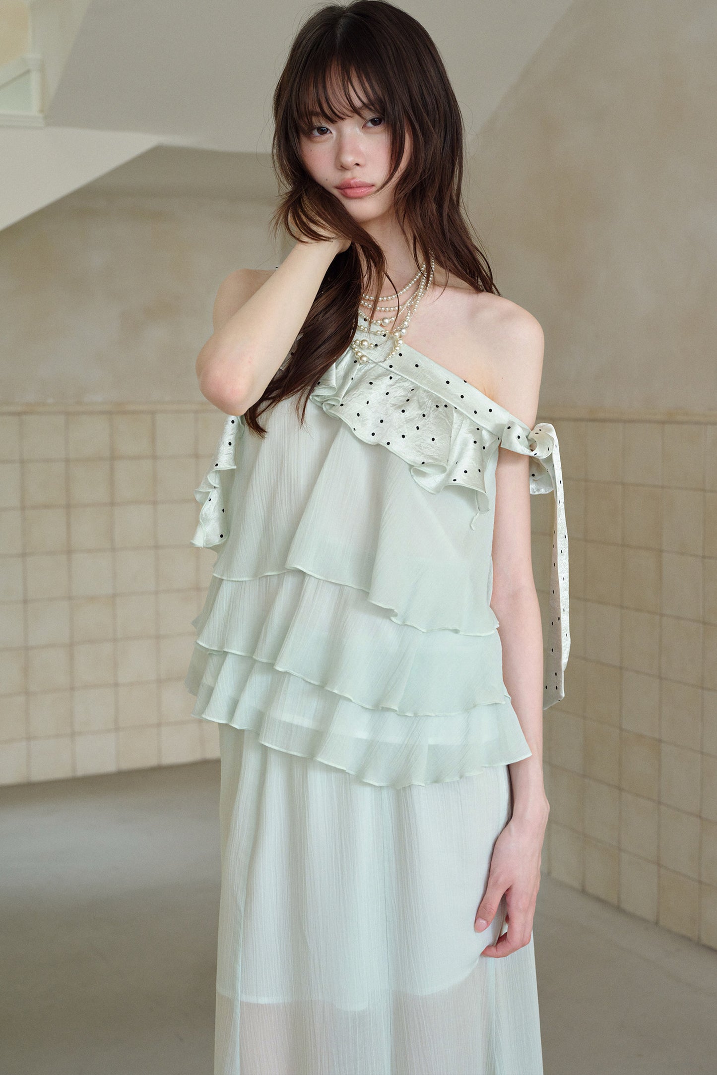 Green Acetate Tencel Polka Dot Top and Fishtail Skirt Set-Up
