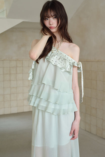 Green Acetate Tencel Polka Dot Top and Fishtail Skirt Set-Up