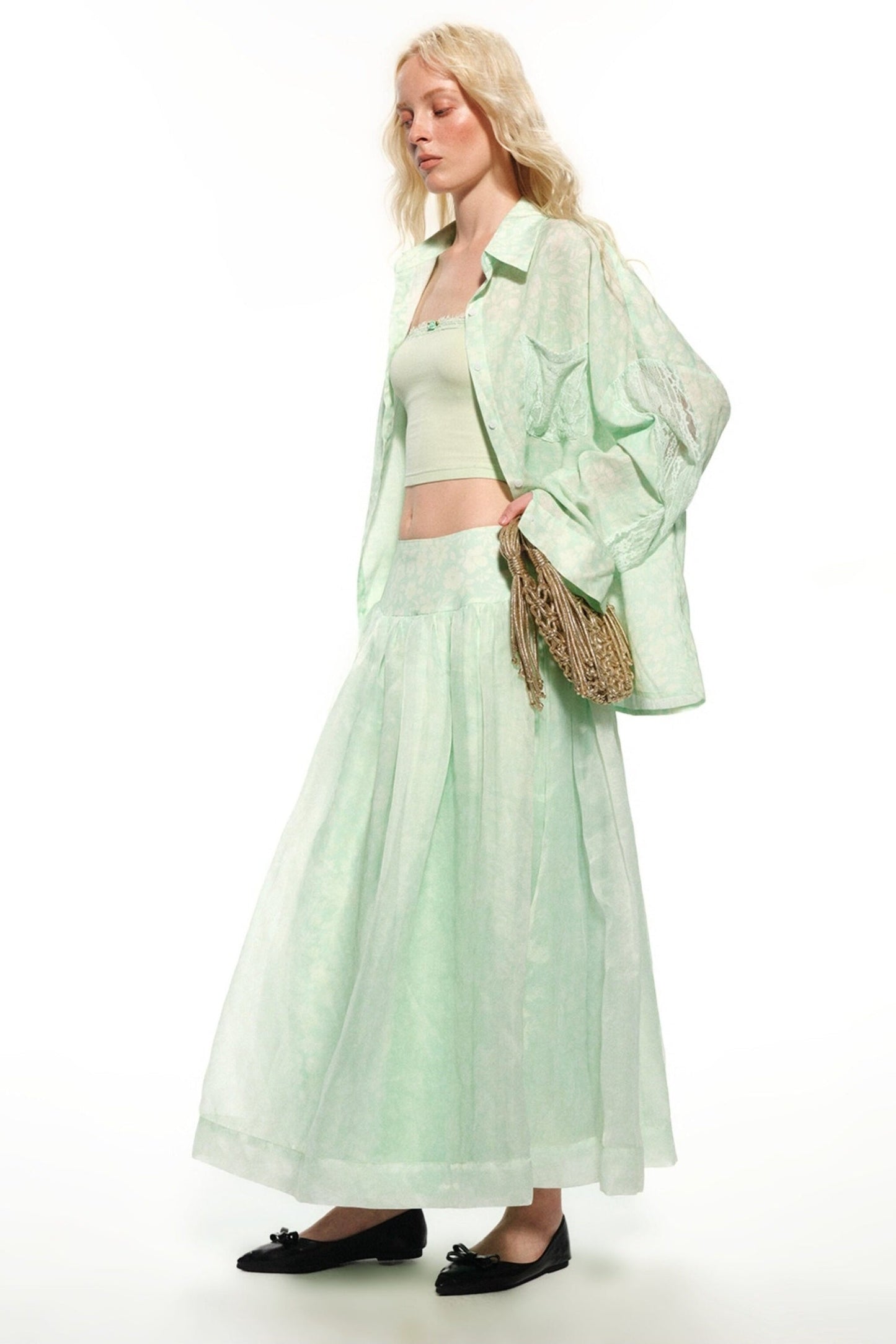 Mint Green Knitted Lace Tube Top, Pants and Skirt Set-Up