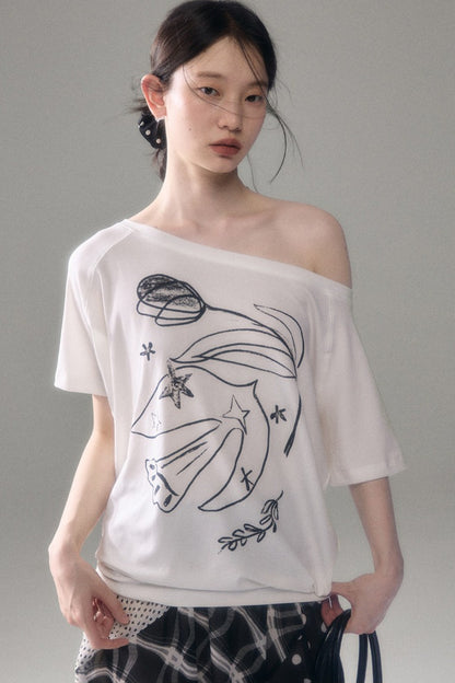 Bird And Tulip Print One-Shoulder Tencel T-Shirt