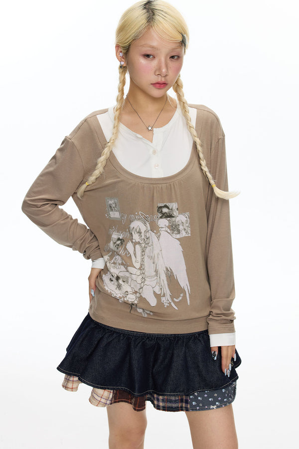 Brown Layered-Look Long Sleeve T-Shirt