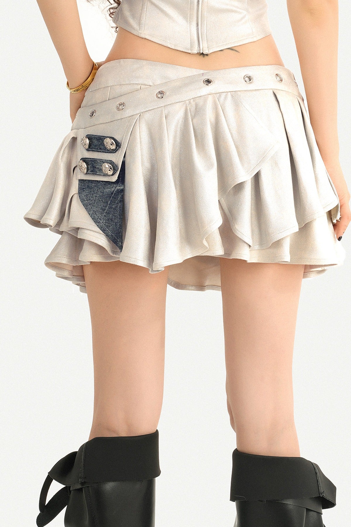 Silver Denim Patchwork Tube Top and Skirt Set-Up