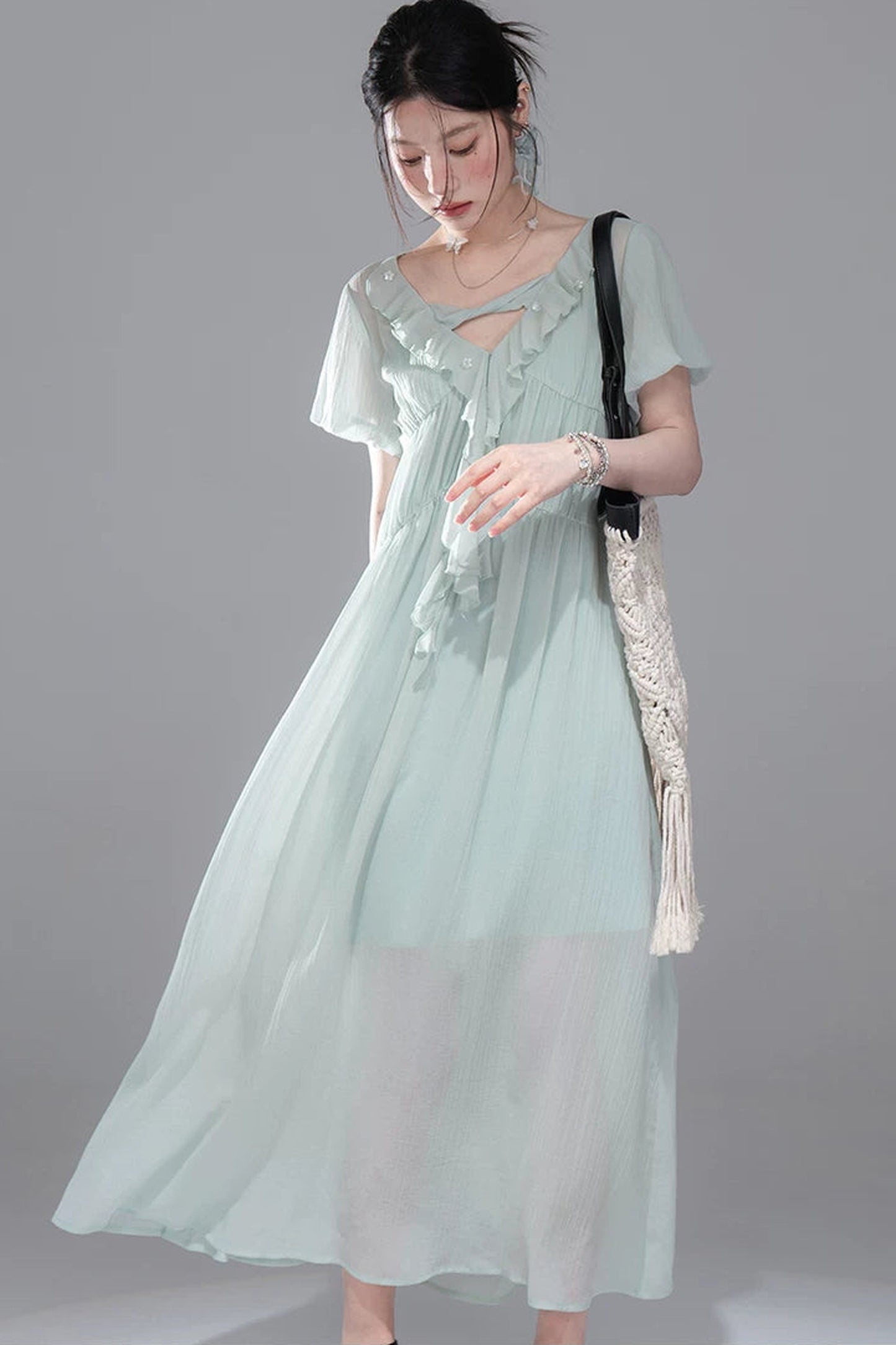 Lyocell Chiffon Puff Sleeve Dress