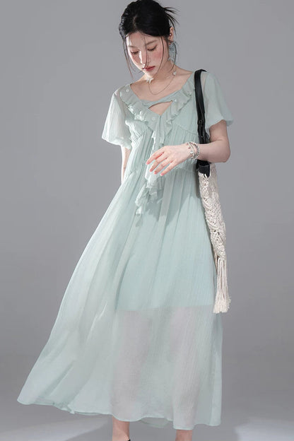 Lyocell Chiffon Puff Sleeve Dress