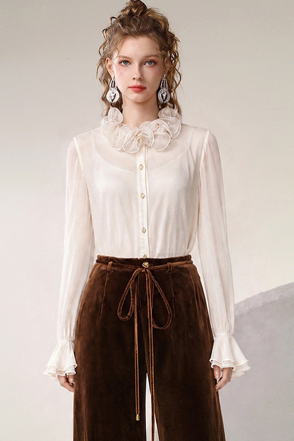 Beige Ruffle Collar Shirt