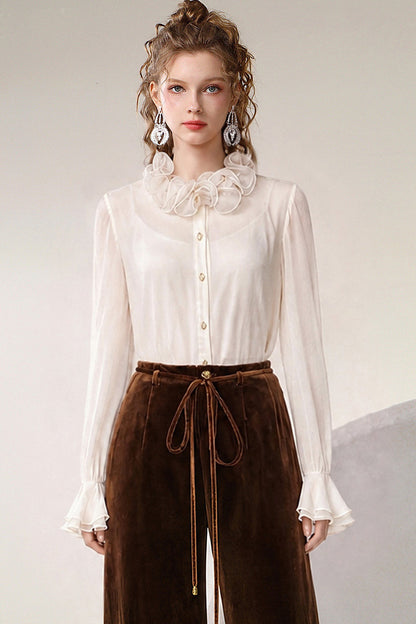 Beige Ruffle Collar Shirt
