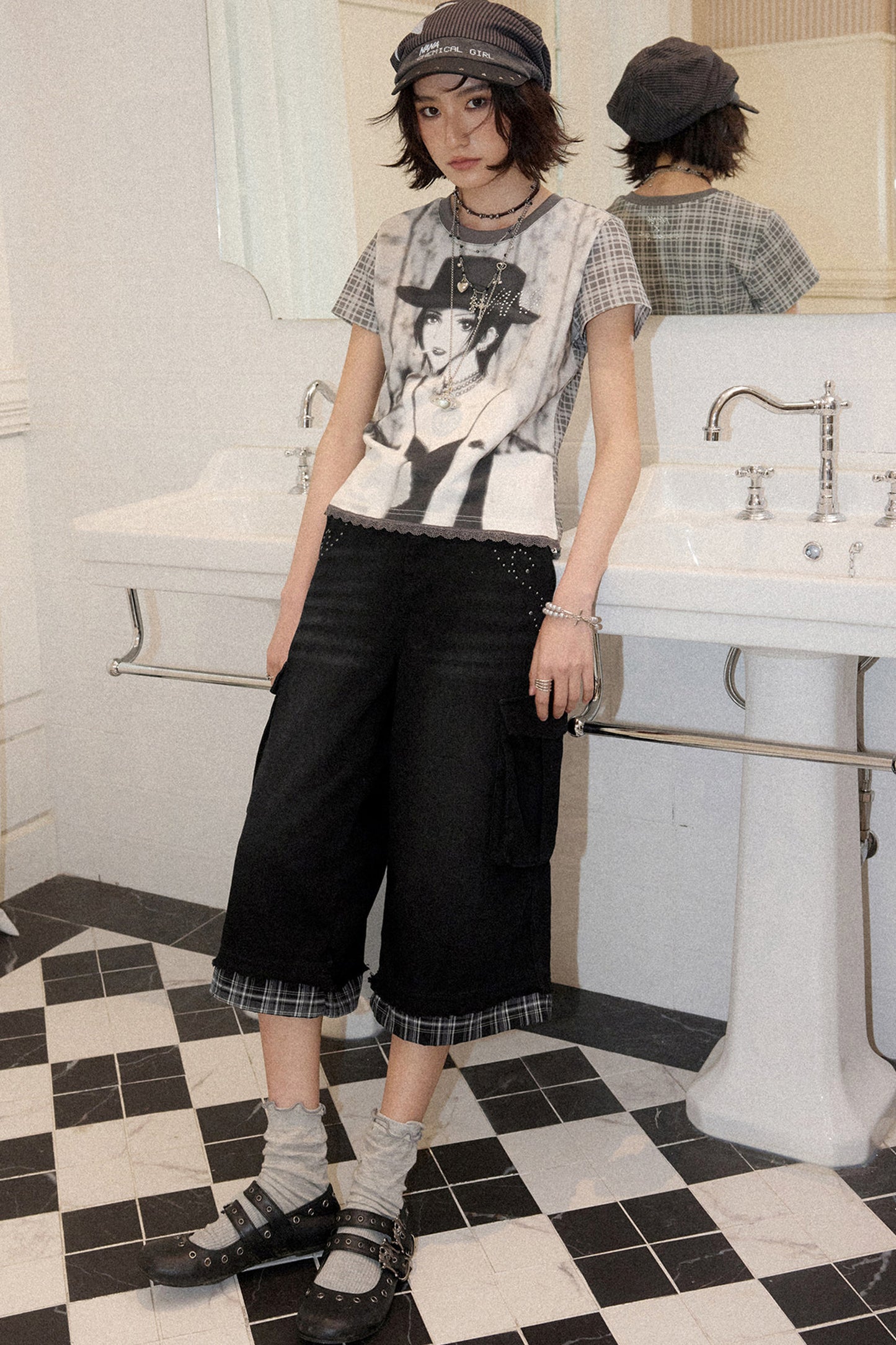 Patchwork Plaid Rhinestone Jeans