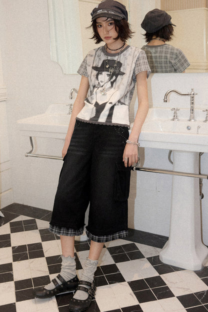 Patchwork Plaid Rhinestone Jeans