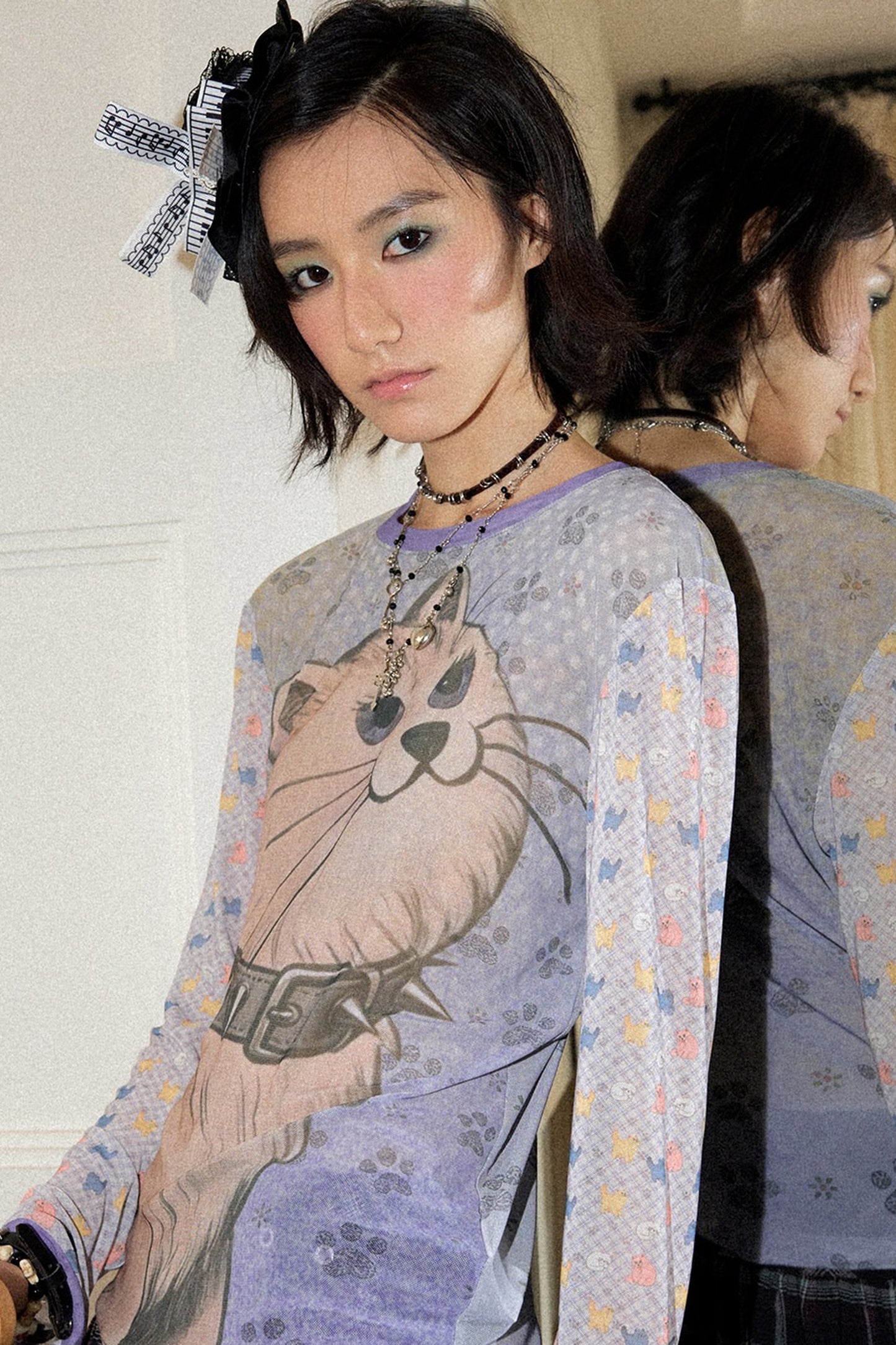 Color Block Cat Print Mesh Top