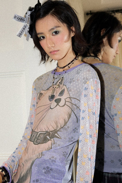 Color Block Cat Print Mesh Top