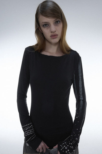 Light Punk Metal Rhinestone Distressed Long-Sleeve T-Shirt