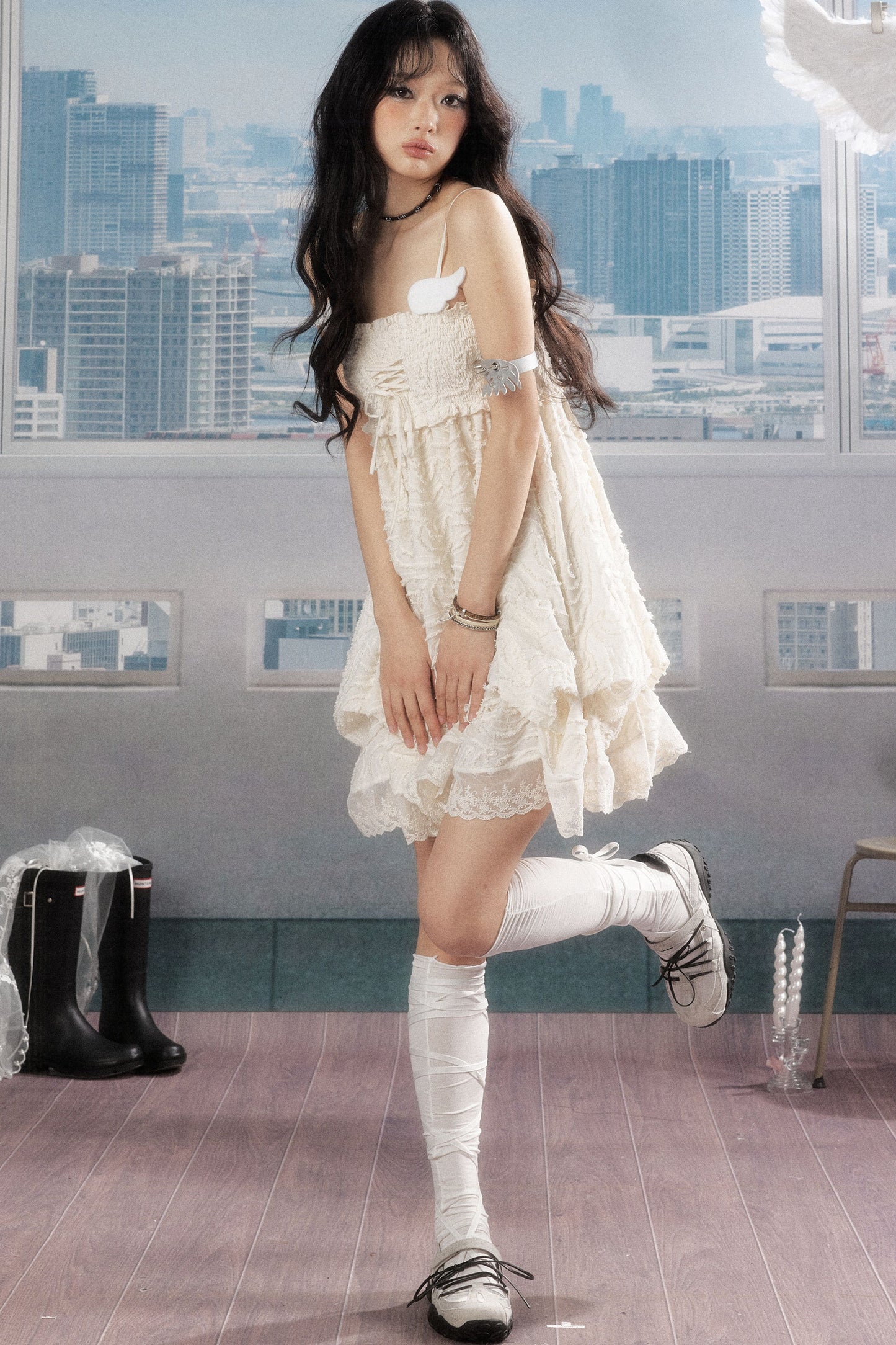 Pleated Lace Texture Camisole Dress