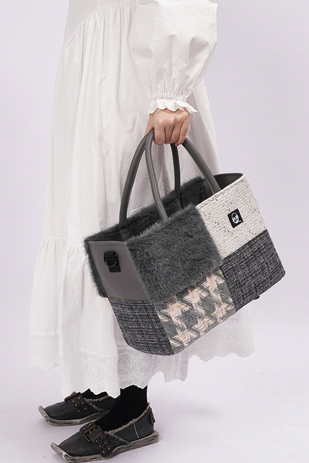 Furry Color-Block Tote Bag