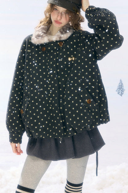 Short Polka Dot Plush Collar Cotton Jacket