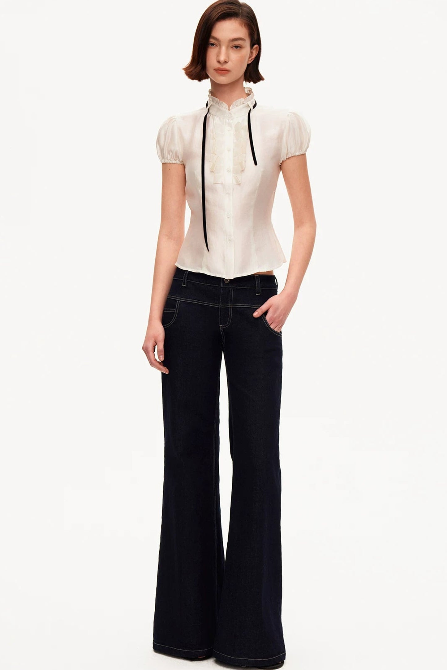 White Tencel Satin Puff Sleeve T-Shirt