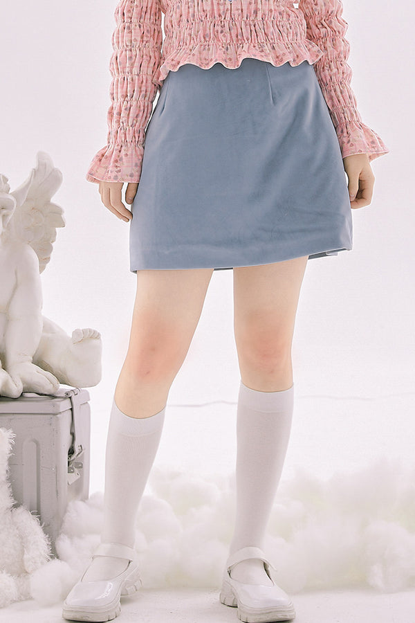Blue Quilted Velvet A-Line Skirt
