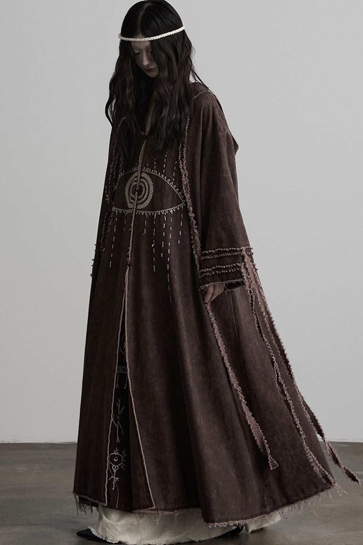 Red-Brown Quilted Embroidered Long Hooded Trench Coat
