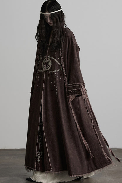 Red-Brown Quilted Embroidered Long Hooded Trench Coat