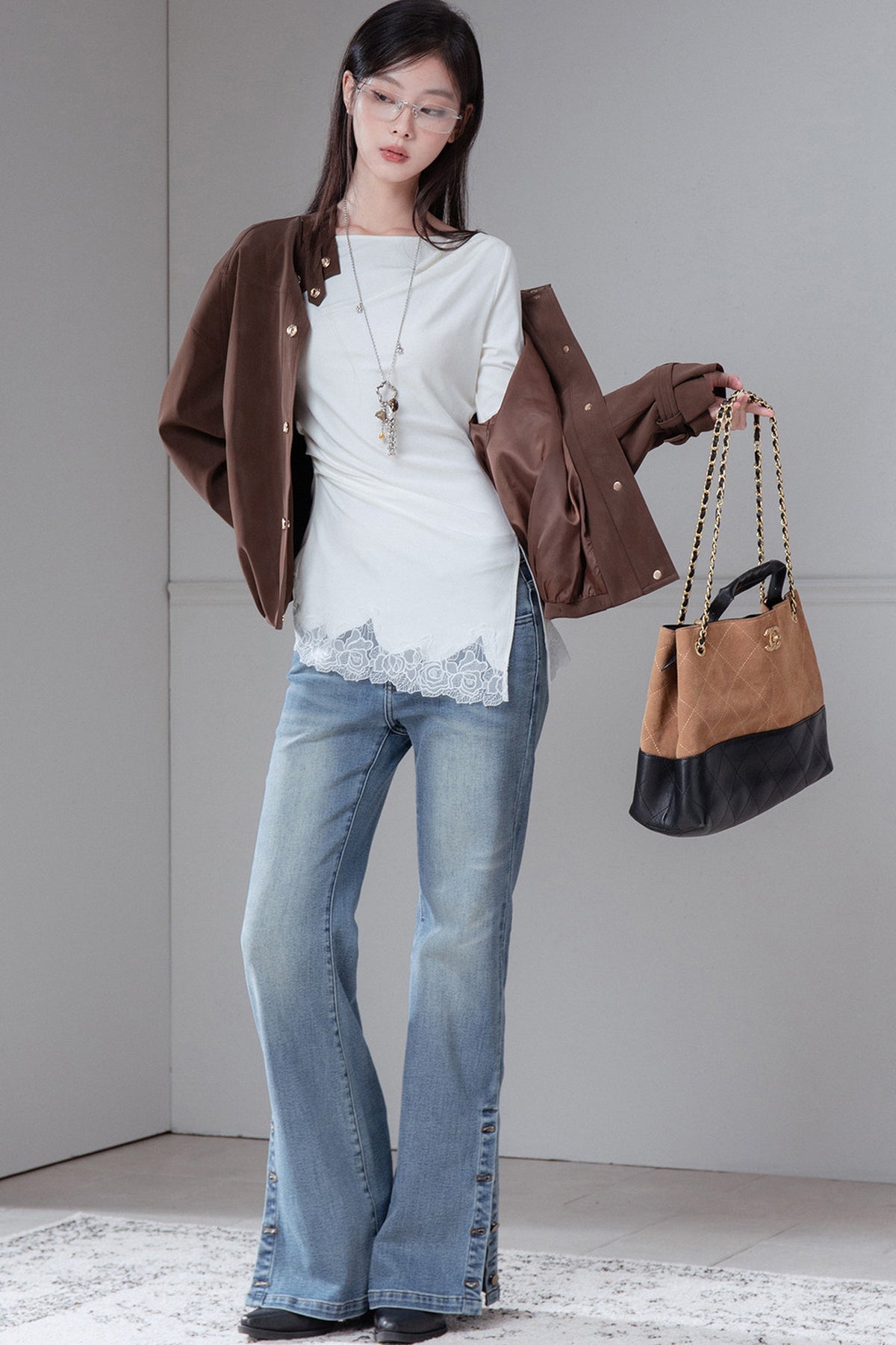 Asymmetrical Pleated Patchwork Lace Knit Top