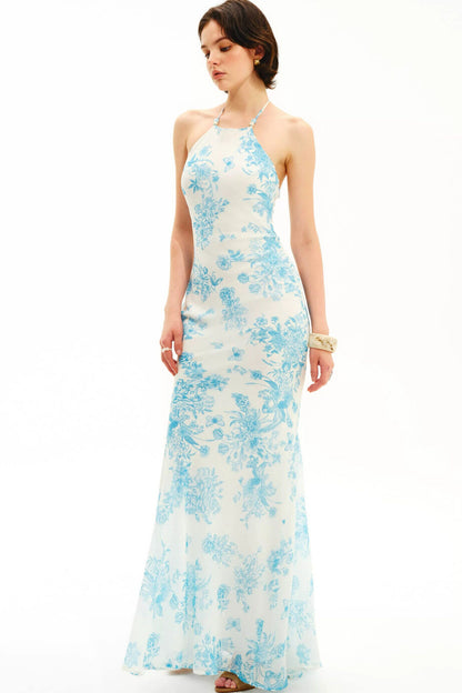 Blue Porcelain Floral Halter Maxi Dress