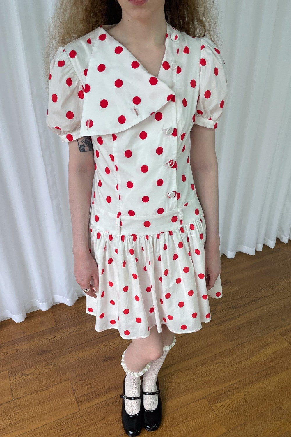 Red Retro Polka Dot Bubble Sleeve Dress