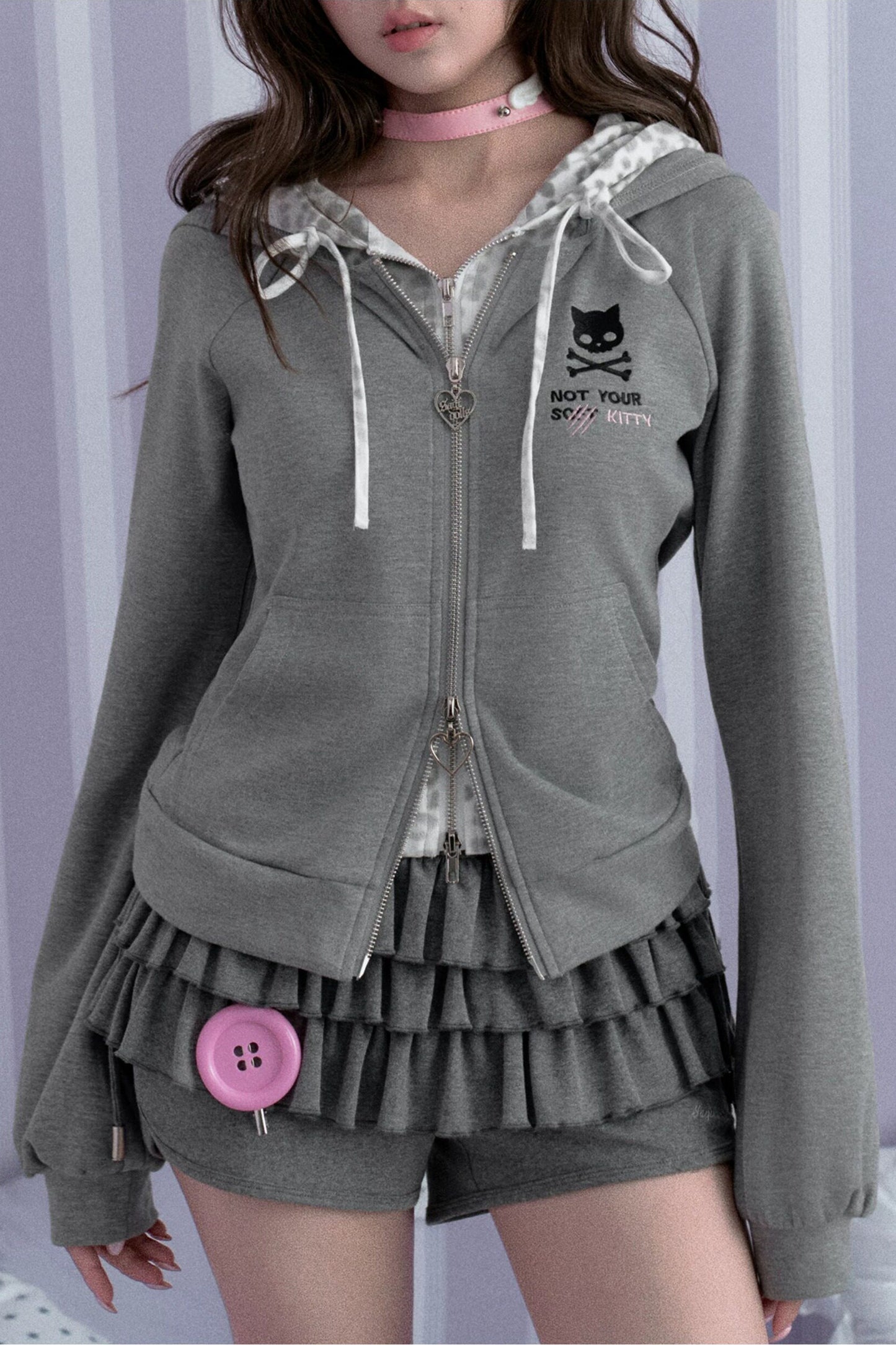 Gray Leopard Print Double-Layer Hooded Sweatshirt Jacket