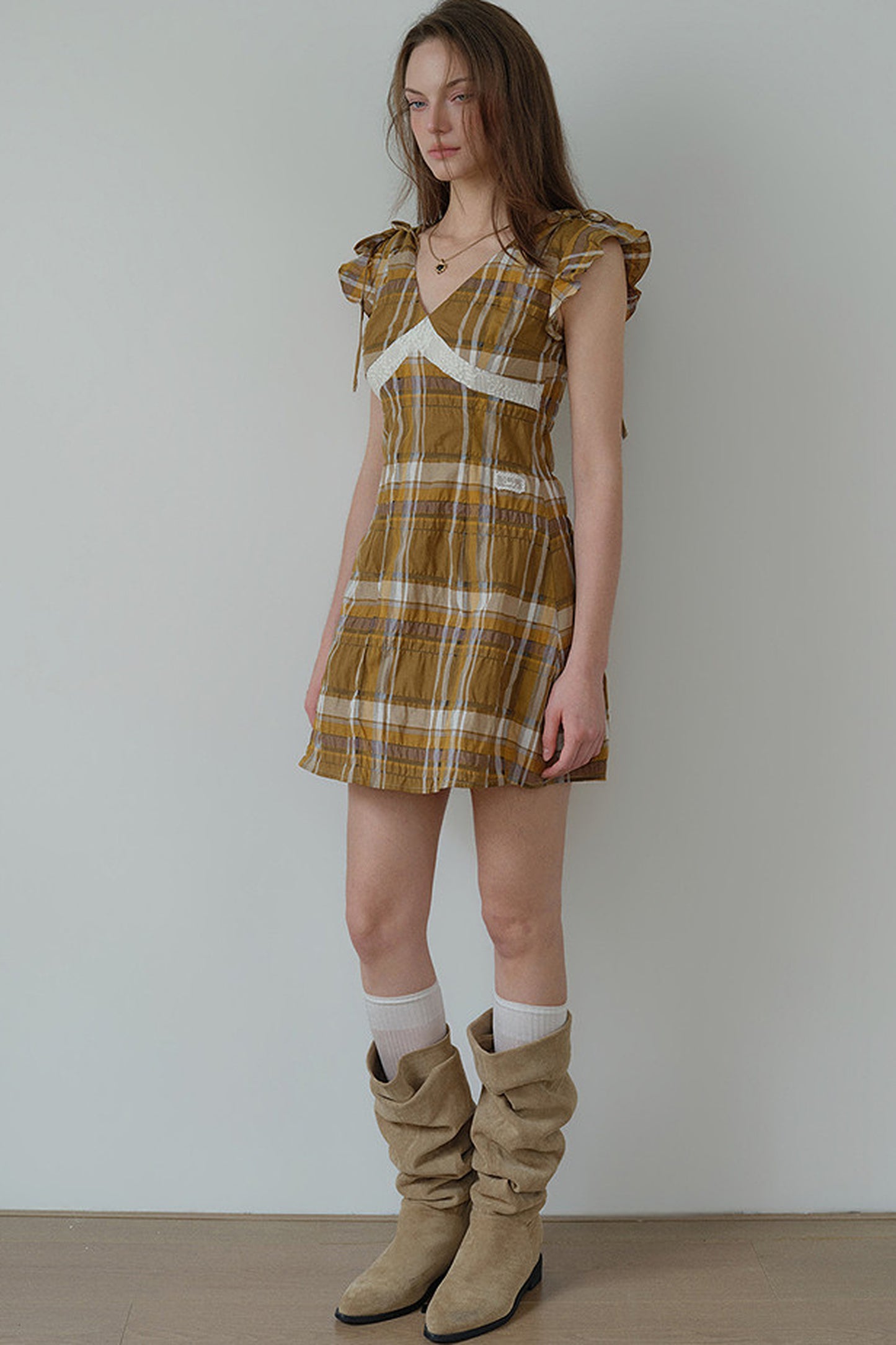 Brown Yellow Plaid Lace Trim Short Sleeve Dress