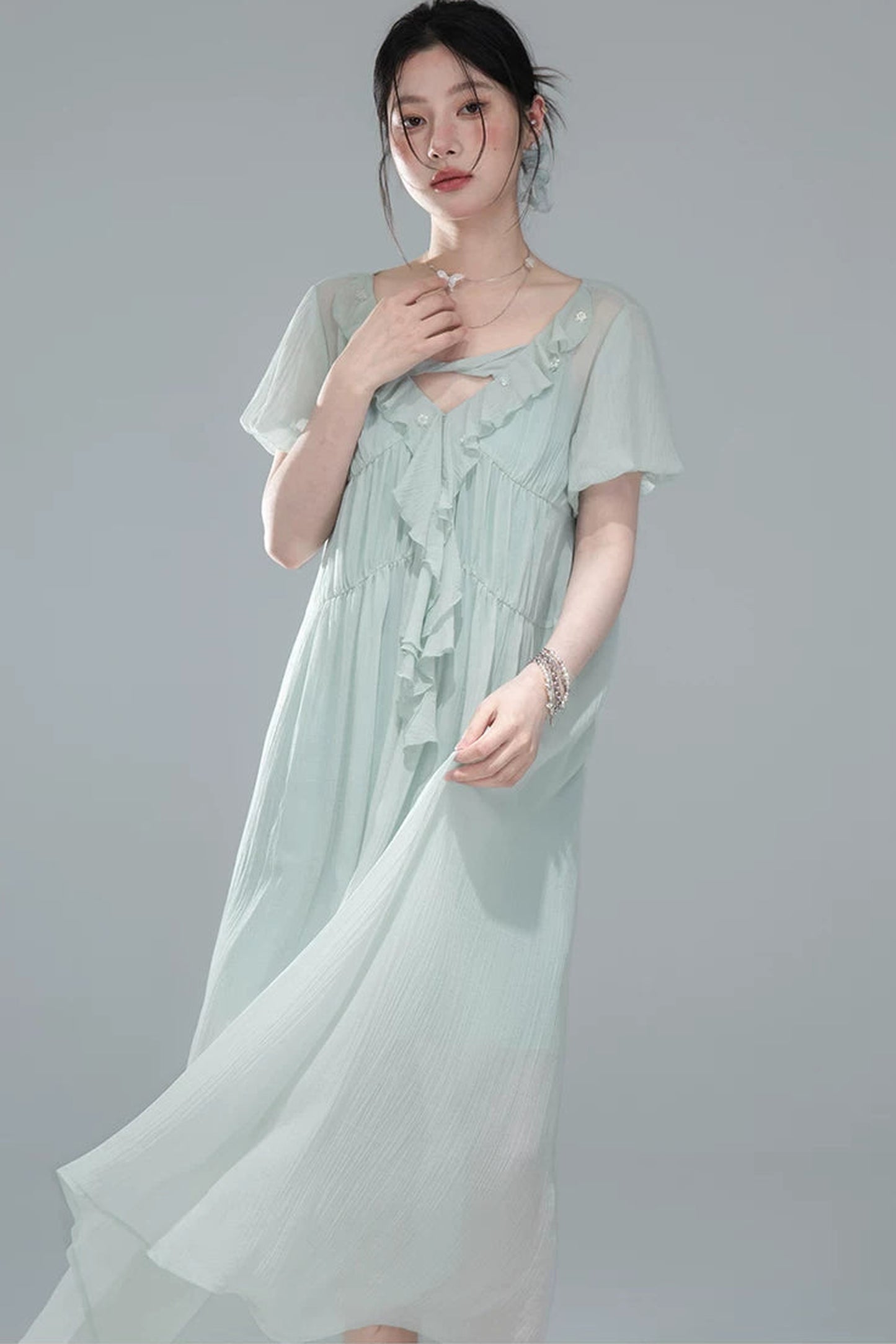Lyocell Chiffon Puff Sleeve Dress