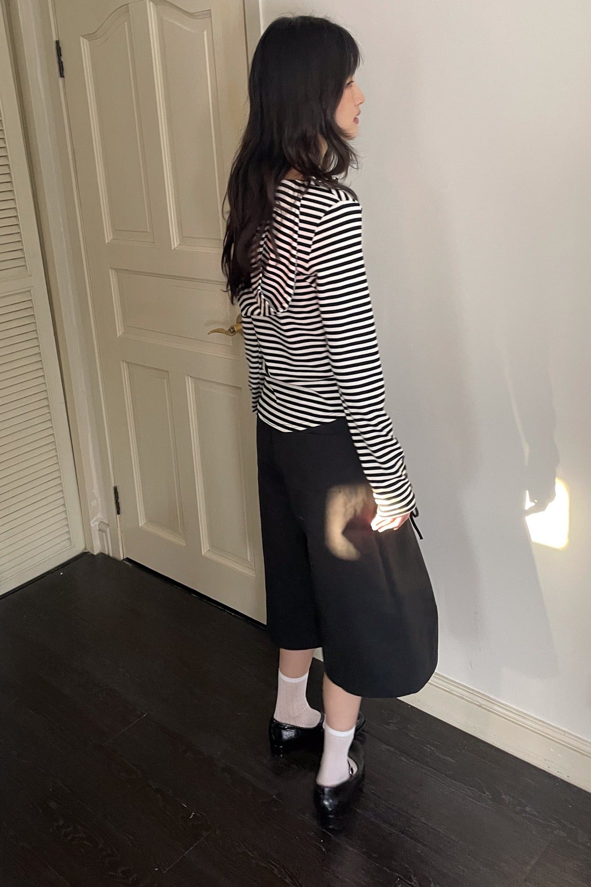 Metal Buckle Striped Knit Hood Top