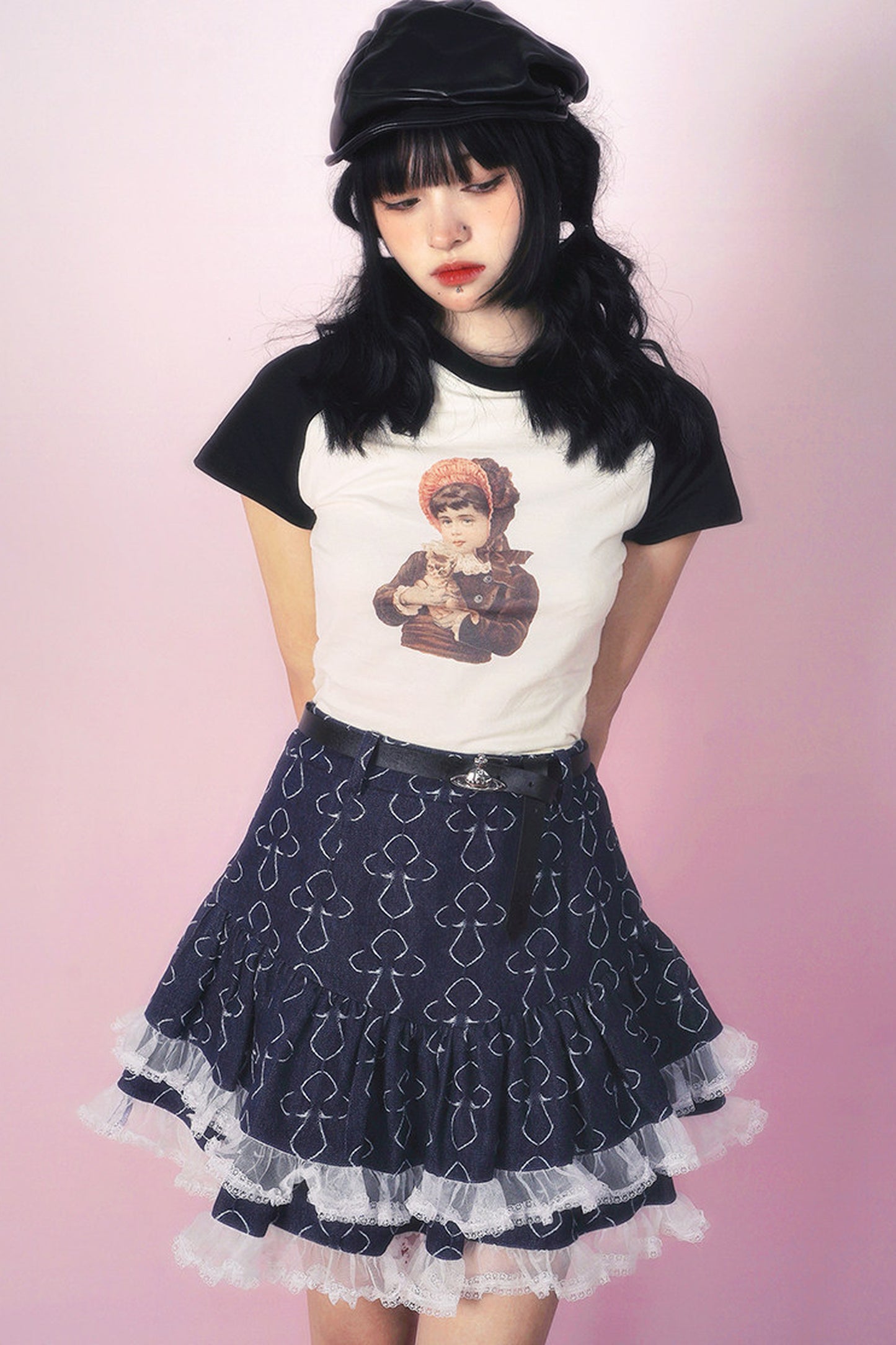Bear Doll Print Patchwork T-shirt
