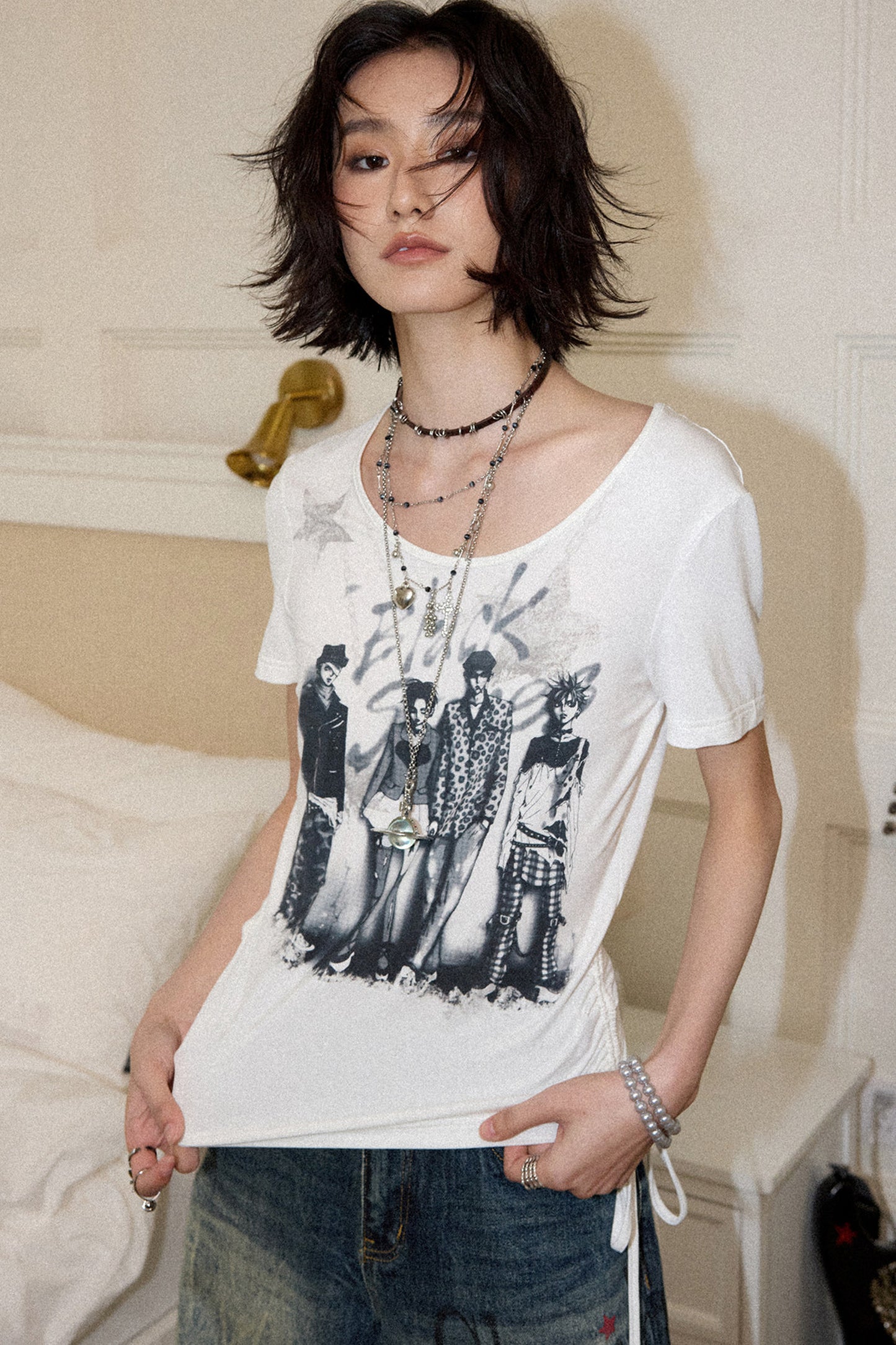 Portrait Print Drawstring Top