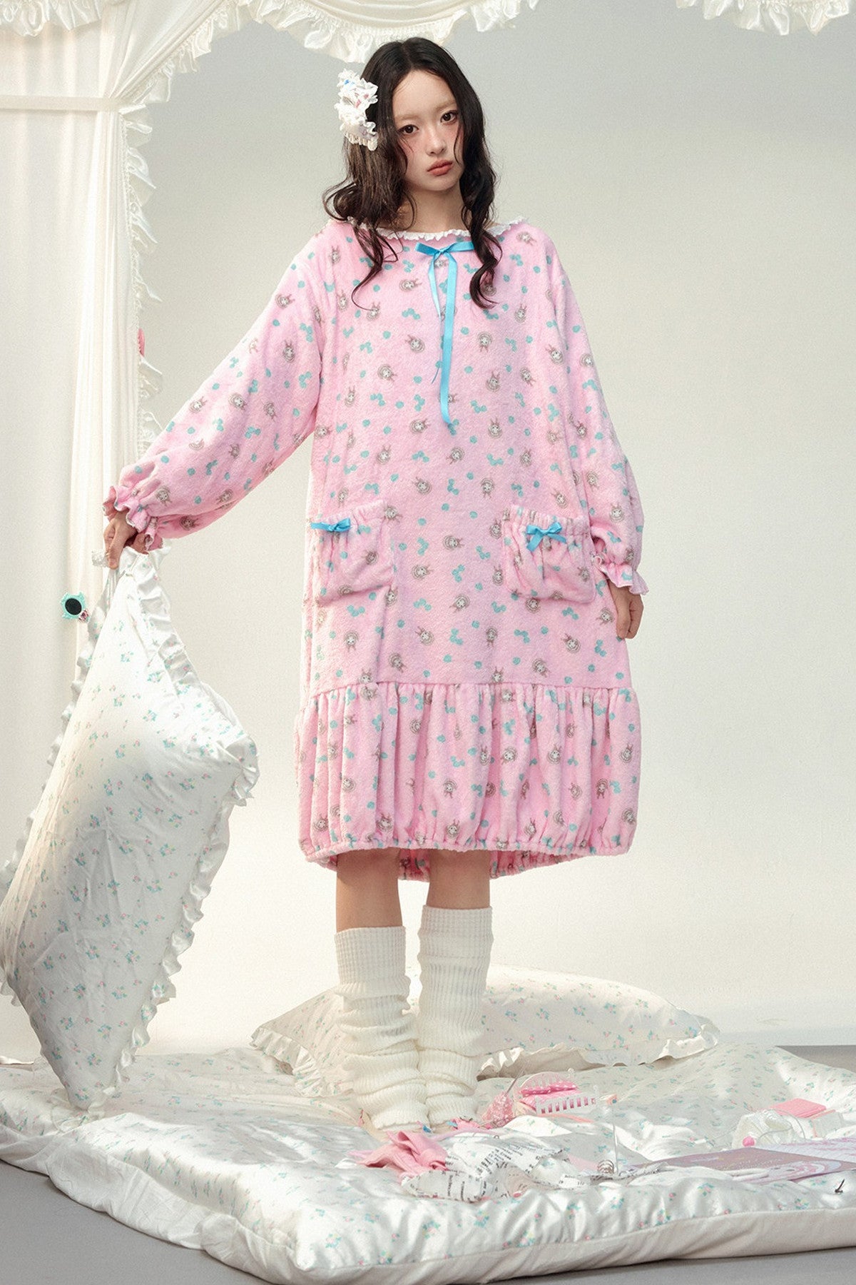 Pink Floral Flannel Ruffled Hooded Robe