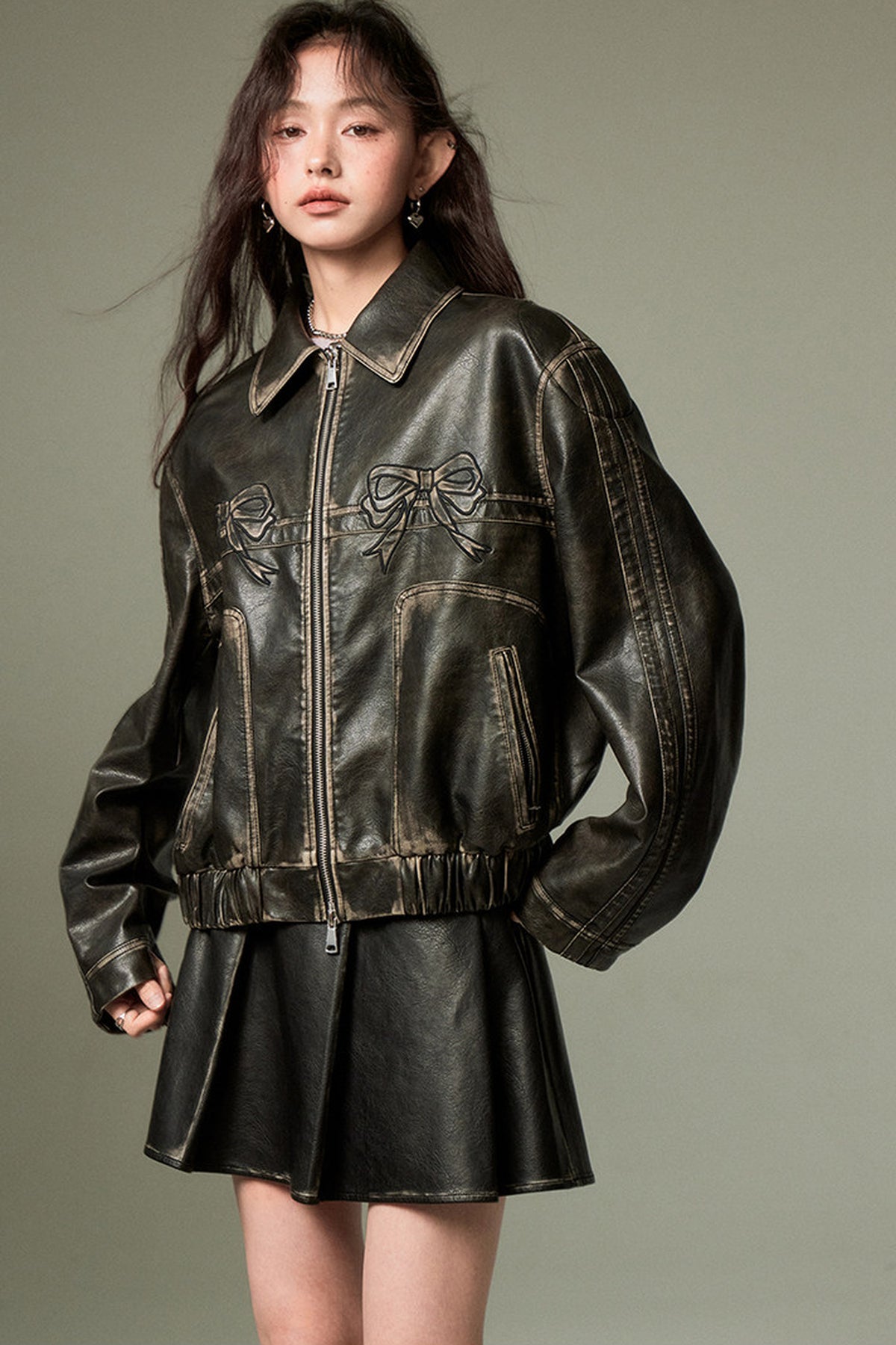 Distressed Bow Leather Jacket
