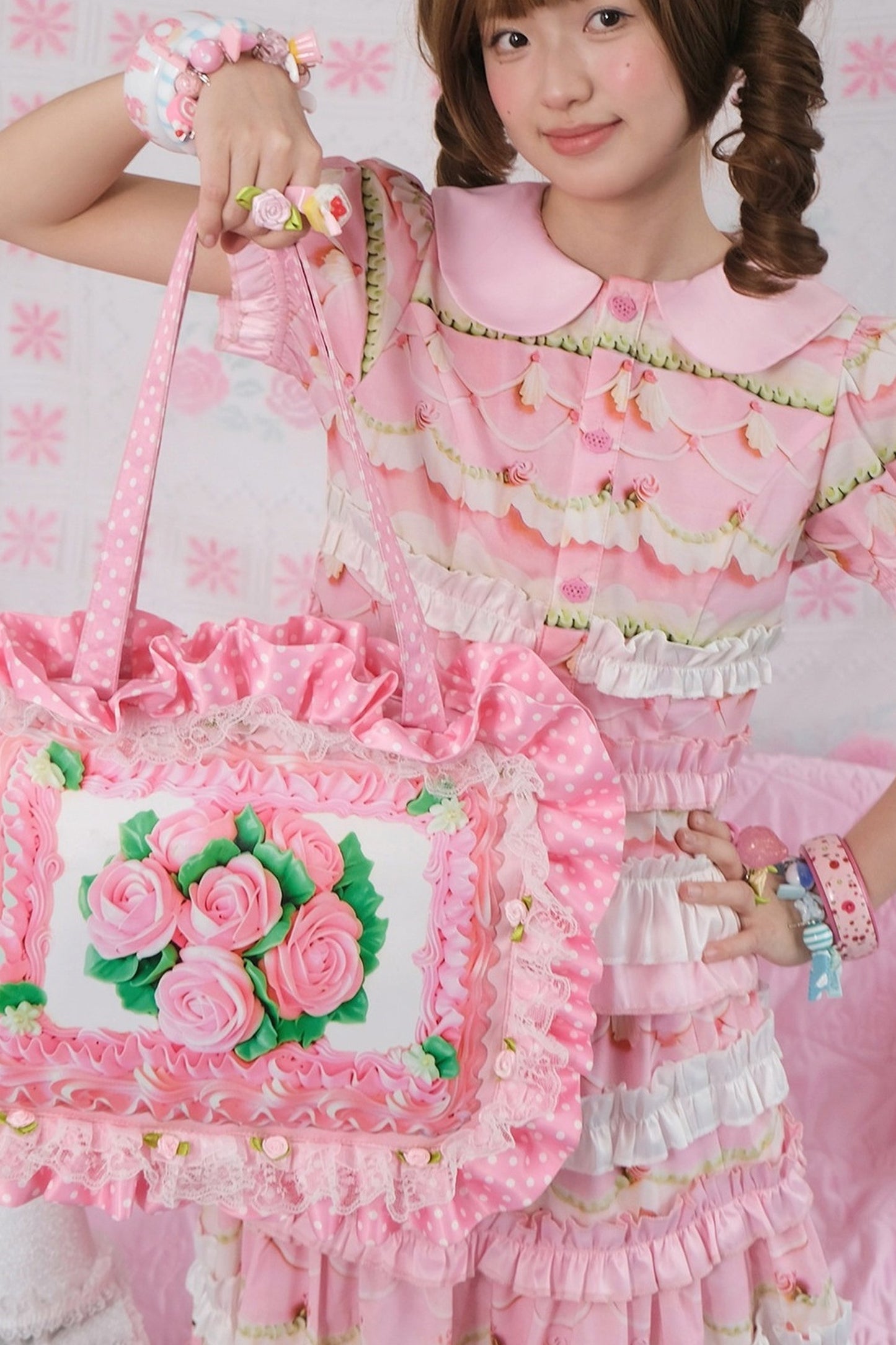Rose Cake Ruffle Handheld Crossbody Tote