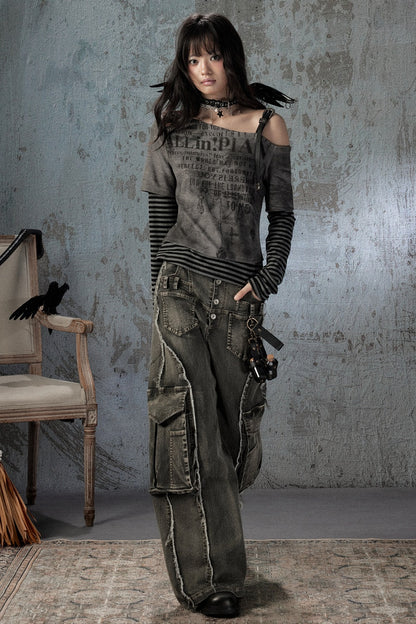 Striped Asymmetrical Off-Shoulder Blouse