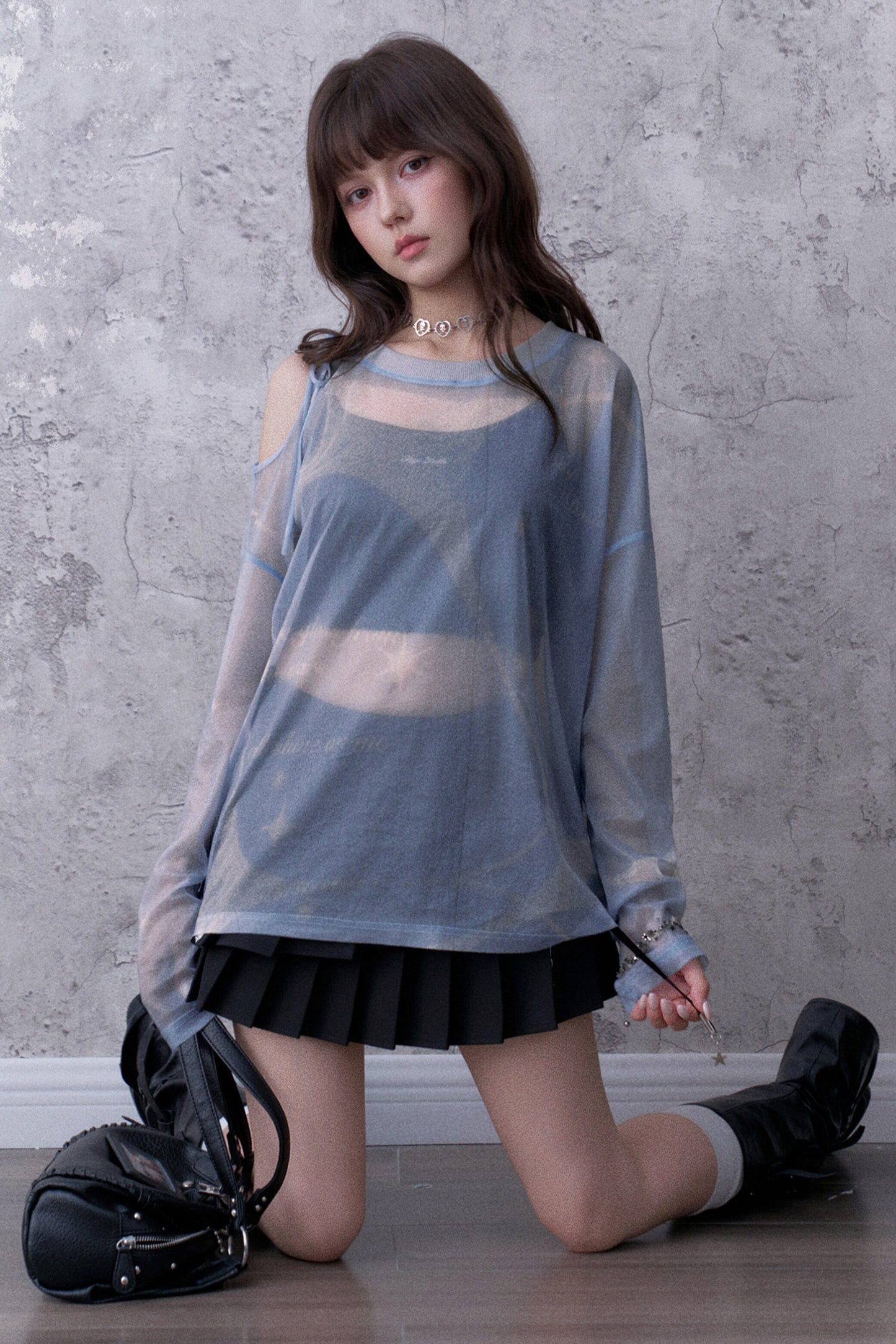 Blue Sparkling Mesh Sweatshirt Style Top