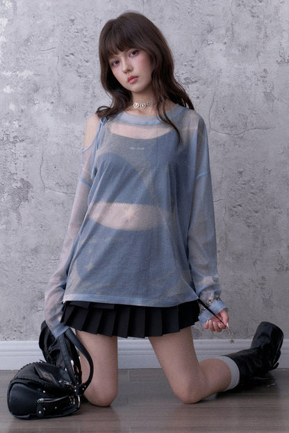 Blue Sparkling Mesh Sweatshirt Style Top